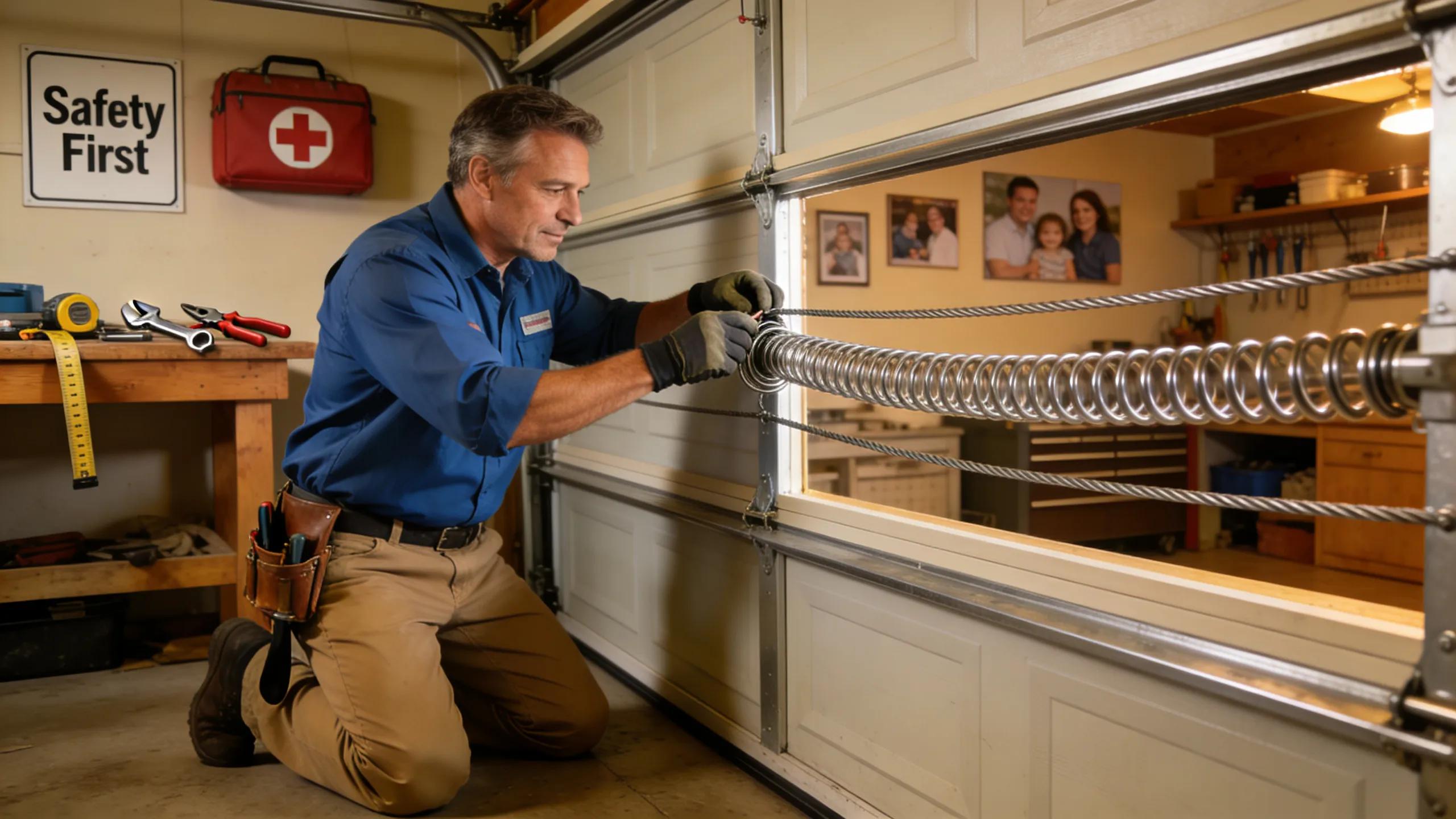 Garage door technician inspecting cables and springs for safety and repair