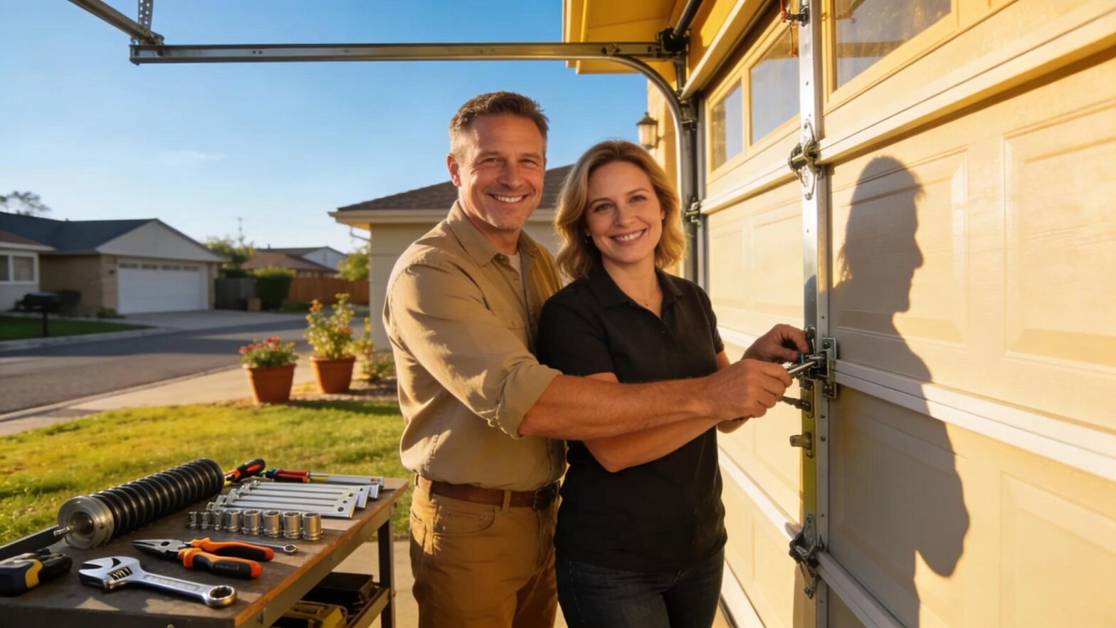Filip and Kelly Kulinicz repairing a garage door, showcasing family-owned service and professionalism
